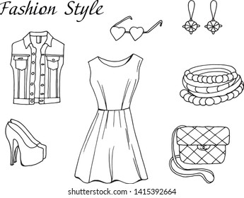 Vector hand drawn sketch black and white fashion outfit. Shop clothing elements for design purpose as well as for coloring book
