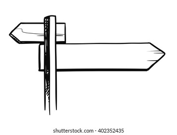 Vector hand drawn sketch black and white illustration of intersection crossroads blank template sign with arrows pointing left and right. Vintage pen and ink style drawing design element for logo, web