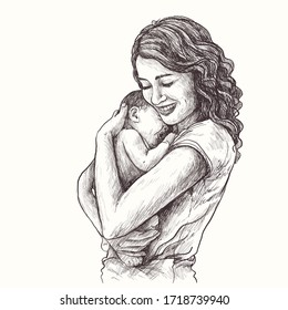 Vector Hand Drawn  Sketch Botanical Illustration  Mother and baby  Woman holds baby in her arms 