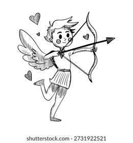 Vector hand drawn sketch of boy cupid with bow and arrow, drawn in ink on white background, Valentine s Day