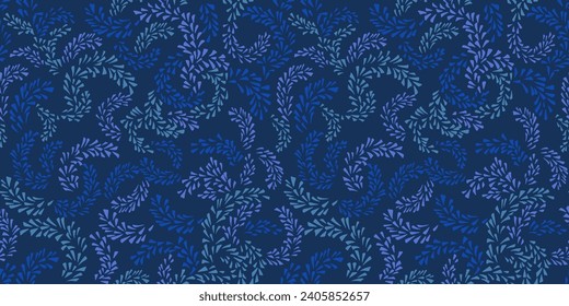 Ramas de esbozo dibujadas a mano por vectores, desciende un patrón sin fisuras. Impresión de textura simple abstracta y floral. Fondo azul monotónico. Diseño para textiles, tela, papel pintado, diseño de superficie, moda