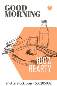 Vector hand drawn sketch breakfast poster. Eco foods illustration. 