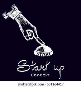 Vector hand drawn sketch. Business vector concept illustration. Start Up. Businessman pushing the start button