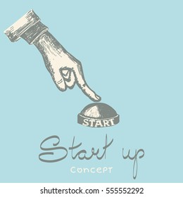 Vector hand drawn sketch. Business vector concept illustration. Start Up. Businessman pushing the start button.