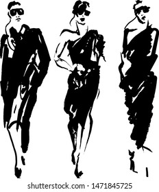 Vector hand drawn sketch by black ink. Girls. Models. Fashion illustration