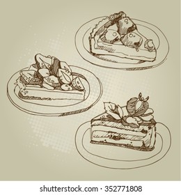 Vector hand drawn sketch cake set.