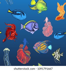 Vector hand drawn sketch Card with aquarium fish.