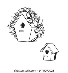 Vector hand drawn sketch cartoon illustration with two birdhouses, vector illustration isolated on white background