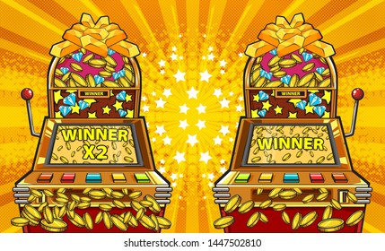 Vector hand drawn sketch cartoon comics pop art illustration with game machines, gold coins and pop art background, vector illustration