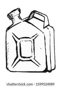 Vector, hand drawn, sketch, cartoon illustration of canister with gasoline. Motives of auto travel, car parts, automotive, energy saving, traditional vintage objects, technology