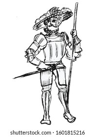Vector, hand drawn, sketch, cartoon illustration of landsknecht. Motives of history, medieval knights