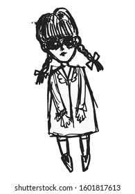 Vector, hand drawn, sketch, cartoon illustration of strange doll. Motives of horror, halloween, scary, retro
