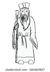 Vector, hand drawn, sketch, cartoon illustration of Chinese wise man. Motives of history, tao, philosophy