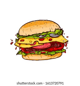 Vector hand drawn sketch of cartoon burger, vector illustration isolated on white background