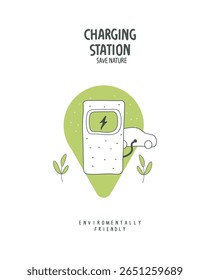 Vector hand drawn sketch charging station of elecrtic car. illustration of Environmentally friendly planet. Think Green. Alternative energy concept.