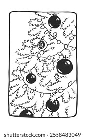 Vector dibujado a mano boceto de árbol de Navidad con bolas. Decoraciones del Año Nuevo. Ilustración en blanco y negro.
