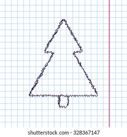 Vector hand drawn sketch christmas tree icon on copybook. Doodle style 