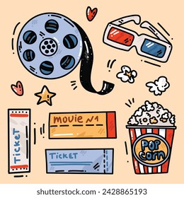 vector hand drawn sketch of cinema cartoon elements . set with cute elemnts for prints