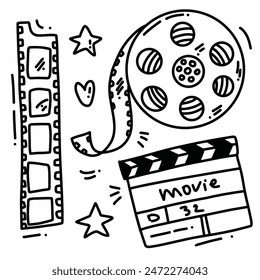 vector hand drawn sketch of cinema doodles. set with cute elemnts for prints