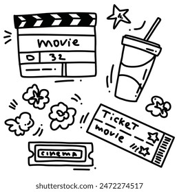 vector hand drawn sketch of cinema doodles. set with cute elemnts for prints