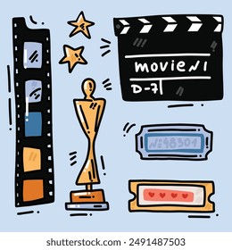 vector hand drawn sketch of cinema cartoon elements . set with cute elemnts for prints