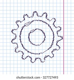 Vector hand drawn sketch cogwheel icon on copybook. Doodle style 