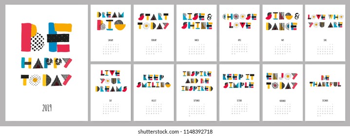 Vector hand drawn sketch colorful text calendar 2019. Be Happy Today.