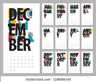 Vector hand drawn sketch colorful text calendar 2019. Week starts from Sunday.