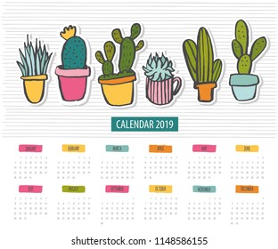 Vector hand drawn sketch colorful calendar 2019. Cute cartoon hand draw cactus stickers on a striped background. Week starts on Monday.