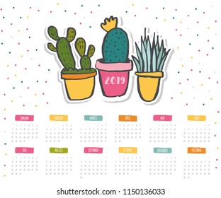 Vector hand drawn sketch colorful calendar 2019. Cute cartoon hand draw cactus stickers on a striped background. Week starts on Monday.