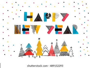Vector hand drawn sketch colorful watercolor happy New Year 2017. Geometric pattern. White background. Christmas tree.