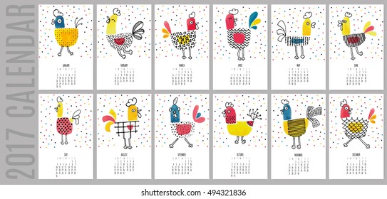 Vector hand drawn sketch colorful new year calendar 2017. Watercolor rooster