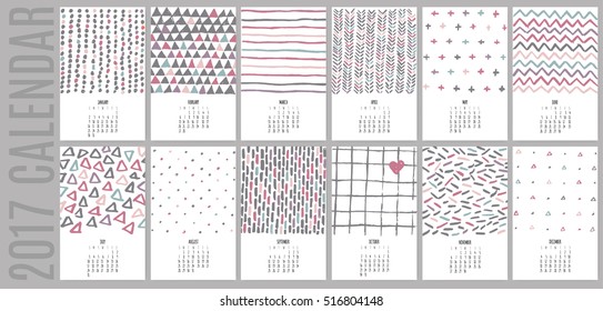 Vektor handgezeichnet Skizze bunten Pastellkalender 2017. Geometrisches Muster.