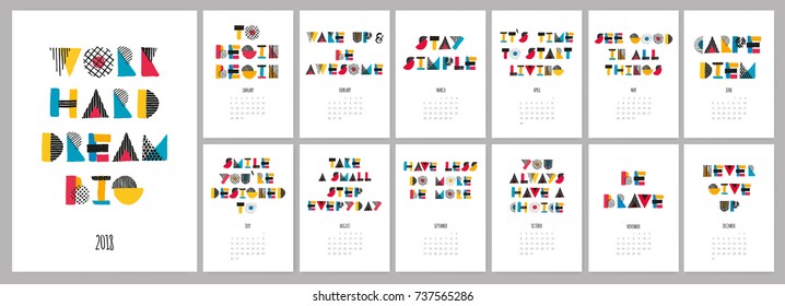 Vector hand drawn sketch colorful text calendar 2018. Week starts from Sunday.