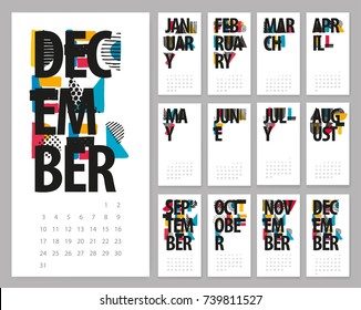 Vector hand drawn sketch colorful text calendar 2018. Week starts from Sunday.