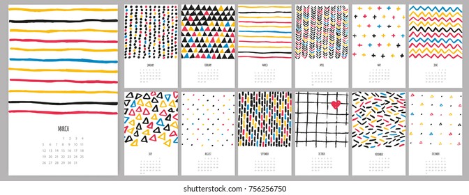 Vector hand drawn sketch colorful calendar 2018. Geometric pattern.