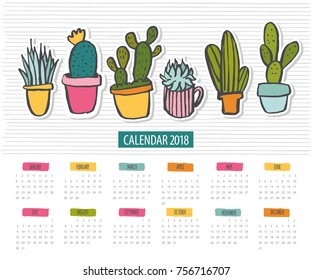 Vector hand drawn sketch colorful calendar 2018. Cute cartoon hand draw cactus stickers on a striped background. Week starts on Monday.