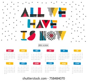 Vector hand drawn sketch colorful font calendar 2018. White background. 