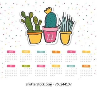 Vector hand drawn sketch colorful calendar 2018. Cute cartoon hand draw cactus stickers on a striped background. Week starts on Monday.