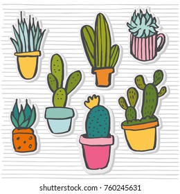 Vector hand drawn sketch colorful cute cartoon hand draw cactus stickers on a striped background. 