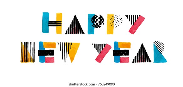 Vector hand drawn sketch colorful font Happy New Year 2018. White background.