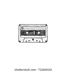 Vector hand drawn sketch of compact cassette in ink hand drawn style. isolated on white.