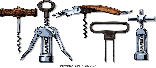 Vector hand drawn sketch of corkscrew set in ink hand drawn style. types of corkscrews: basic,  wing, sommelier knife, butler's friend, continuous turning corkscrew. isolated on wh