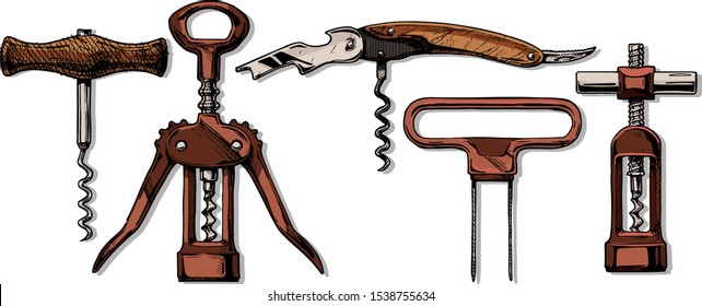 Vector hand drawn sketch of corkscrew set in ink hand drawn style. types of corkscrews: basic,  wing, sommelier knife, butler's friend, continuous turning corkscrew. isolated on wh