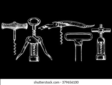 Vector hand drawn sketch of corkscrew set in ink hand drawn style. 