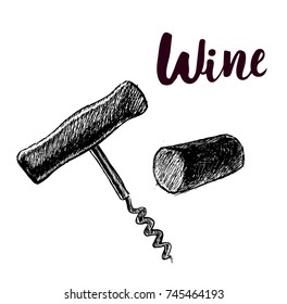 Vector hand drawn sketch of corkscrew in ink hand drawn style. Wine vector illustration