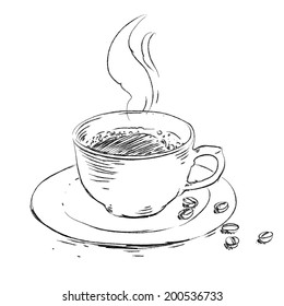 Vector hand drawn sketch cup of coffee and coffee beans