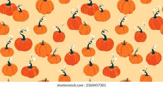 Vector hand drawn sketch cute Autumn pumpkins seamless pattern. Perfect for fall, Thanksgiving, Halloween, holidays. Template for design, paper, cover, fabric, interior decor, textile, wallpaper