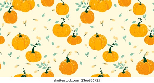 Vector hand drawn sketch cute Autumn pumpkins seamless pattern. Perfect for fall, Thanksgiving, Halloween, holidays.  Template for design, paper, cover, fabric, interior decor, textile, wallpaper