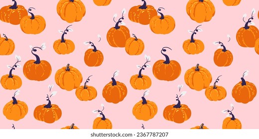 Vector hand drawn sketch cute Autumn pumpkins seamless pattern. Perfect for fall, Thanksgiving, Halloween, holidays. Template for design